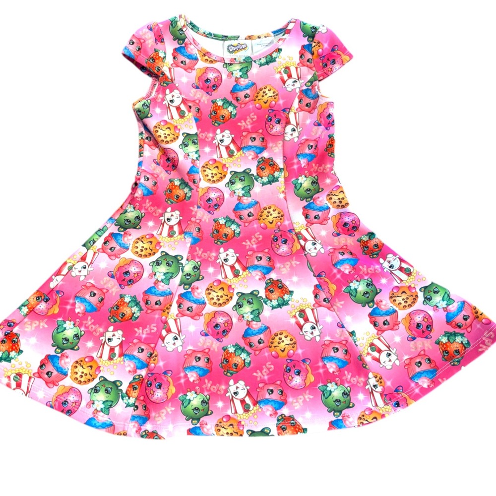 Shopkins Girls Pink Skater Dress‎ All Over Character Print Cap Sleeve Size 5